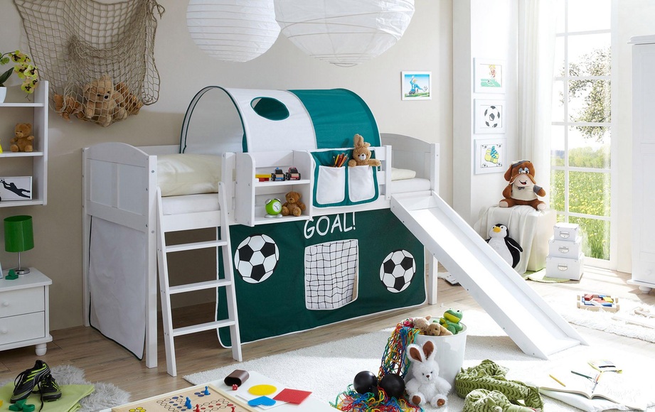 Ticaa Hochbett »Lino« mit Rutsche und Textil-Set, Kiefer massiv weiss gewachst