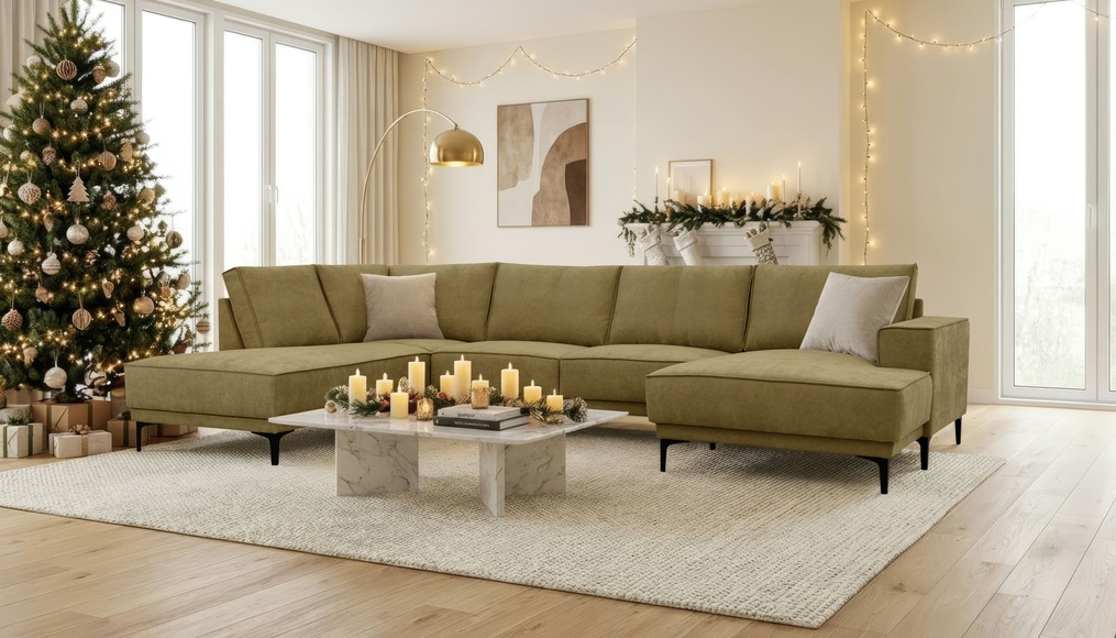 Places of Style Wohnlandschaft »XXL Sofa Oland, Struktur, Flachgewebe, Luxus-Microfaser, Boucle«, U-Form, 345 cm, Wellenunterfederung, Skandi-Design, Metallfüsse