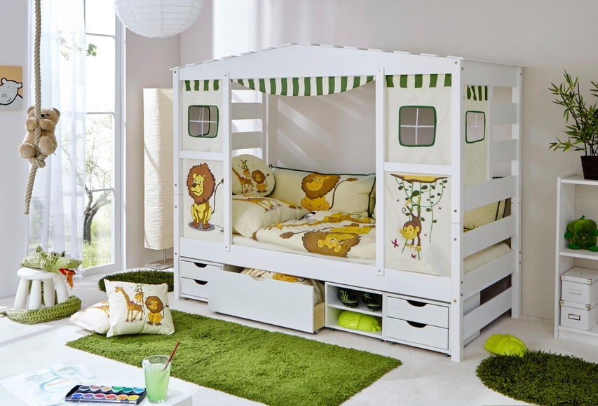 Ticaa Kinderbett in Hausoptik »Lio« aus massiver Kiefer, mit Schubkästen »Marlies«