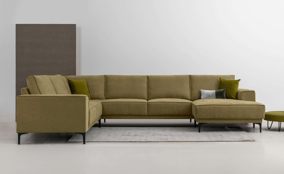 Places of Style Wohnlandschaft »XXL Sofa Oland, Struktur, Flachgewebe, Luxus-Microfaser, Boucle«, U-Form, 342 cm, Wellenunterfederung, Skandi-Design, Metallfüsse