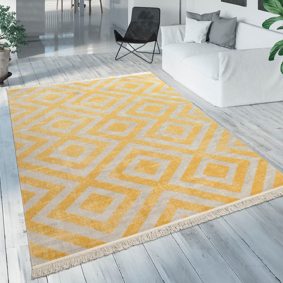 Paco Home Teppich »Poco 821«, rechteckig, 7 mm Höhe, Kurzflor, Rauten Design, mit Fransen, In- und Outdoor geeignet, ideal im Wohnzimmer & Schlafzimmer