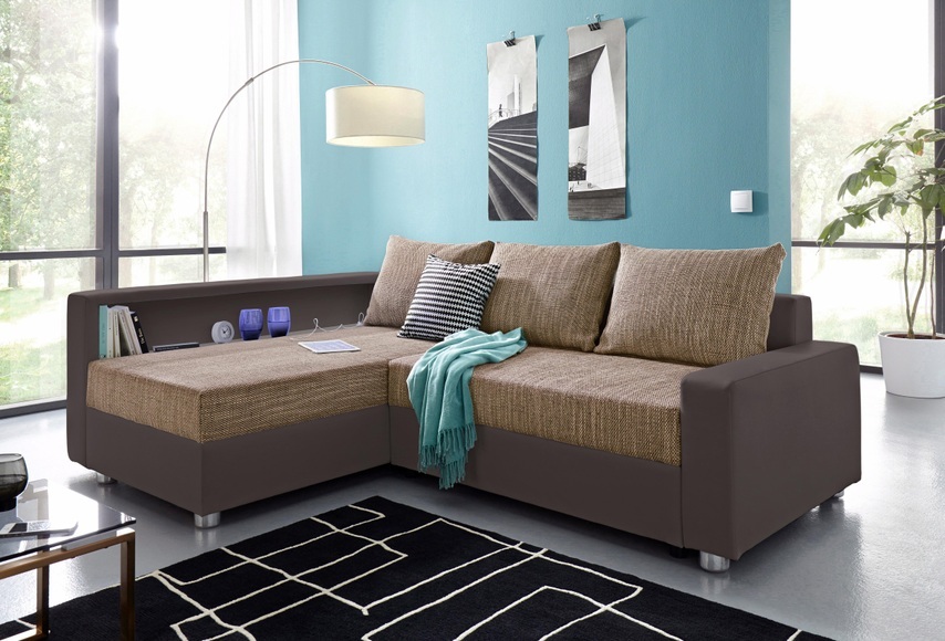 COLLECTION AB Ecksofa, inklusive Bettfunktion, Bettkasten und Federkern, wahlweise mit RGB-LED-Beleuchtung und USB-Port, Inklusive seitlichem Regalboden, Ottomane links oder rechts montierbar