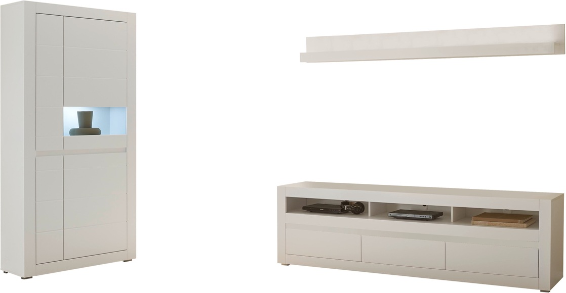 INOSIGN Wohnwand »Anbauwand in Weiss Matt, Wohnzimmer-Set mit austauschbarer Blende«, (Set, 3 St.), enthält Vitrine, Lowboard, Wandboard, zeitloses Design, 312 cm breit