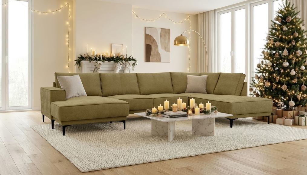 Places of Style Wohnlandschaft »XXL Sofa Oland, Struktur, Flachgewebe, Luxus-Microfaser, Boucle«, U-Form, 345 cm, Wellenunterfederung, Skandi-Design, Metallfüsse