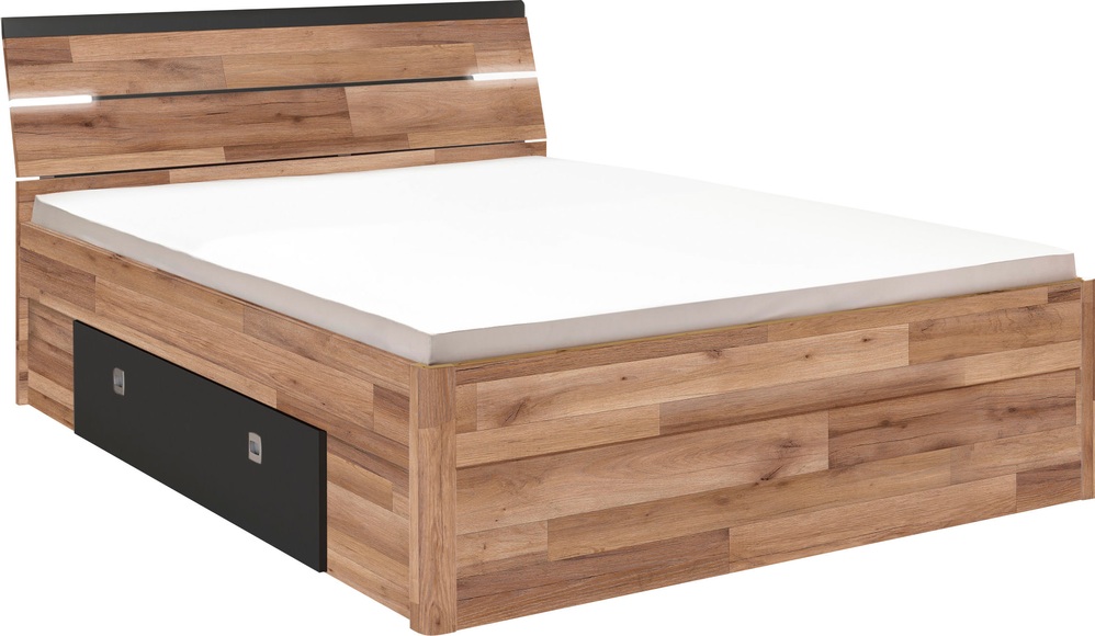 Bett «Paul», LED, 2 Schubladen, 160 x 200, Dekor eiche/schwarz