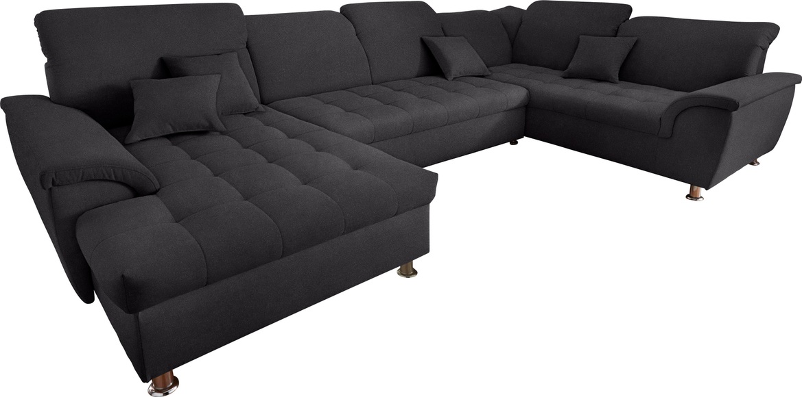 DOMO collection Wohnlandschaft »Franzi optional mit Bettfunktion, Bettkasten & Kopfteilverstellung«, XXL-Sofa, U-Form, belastbar bis 140kg/Sitz, graphite, Breite: 352cm