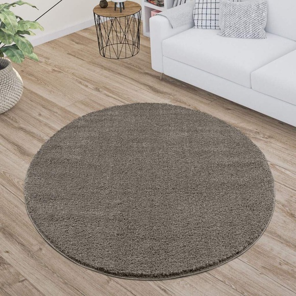 Carpet City Hochflor-Teppich »Plainy«, rund, 30 mm Höhe, Polyester, Langflor Uni Taupe, Wohnzimmer