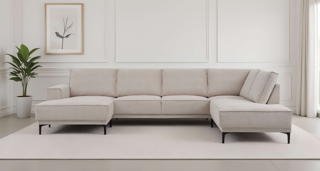 PLACES OF STYLE Wohnlandschaft »XXL Sofa Oland, Struktur, Flachgewebe, Luxus-Microfaser, Boucle« U-Form, 345 cm, Wellenunterfederung, Skandi-Design, Metallfüsse