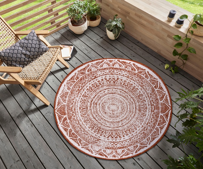 NORTHRUGS Teppich »Siruma«, rund, 5 mm Höhe, In-und Outdoor geeignet, Mandala, Wohnzimmer, Balkon, Terrasse, Garten, Robust, Pflegeleicht, Flachgewebe, Wendbar