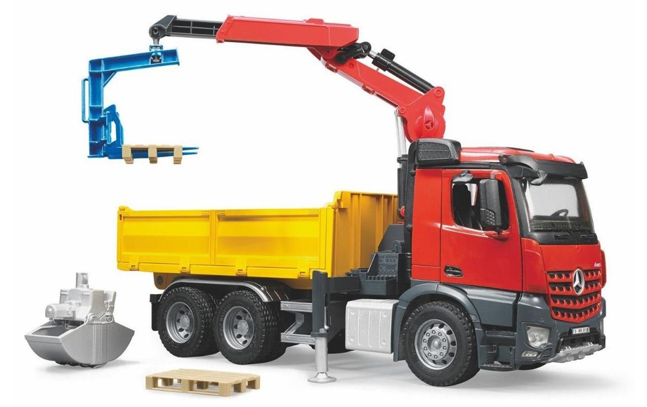Bruder MB Arocs Baustellen-LKW mit Kran, Schaufelgreifer, Palettengabeln und 2 Paletten