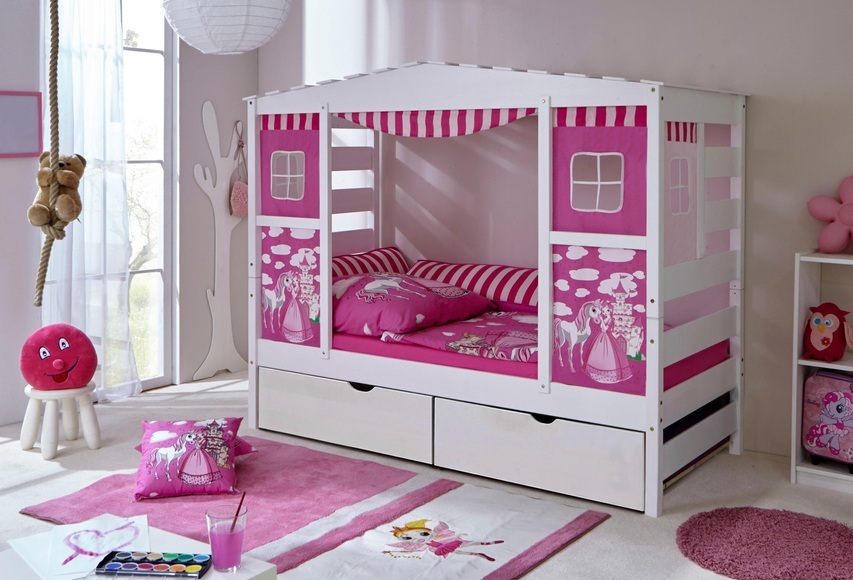 Ticaa Kinderbett in Hausoptik »Lio« aus massiver Kiefer, mit Schubkästen »Melanie«