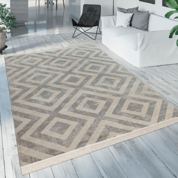Paco Home Teppich »Poco 821«, rechteckig, 7 mm Höhe, Kurzflor, Rauten Design, mit Fransen, In- und Outdoor geeignet, ideal im Wohnzimmer & Schlafzimmer