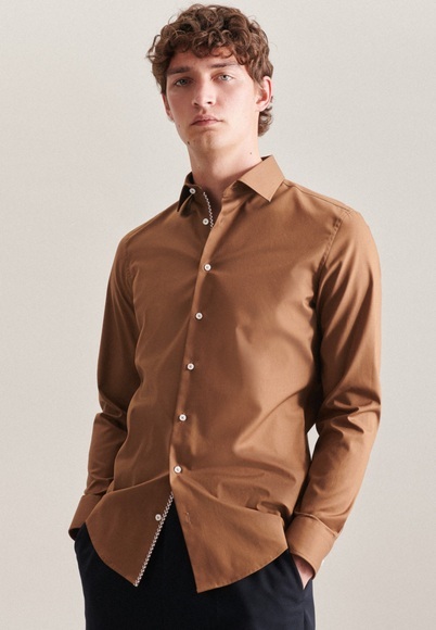 Business Hemd Slim Fit Langarm Uni Herren Braun 38