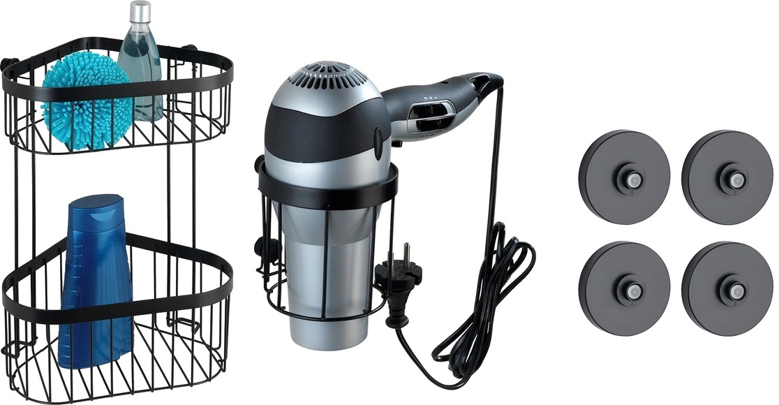 WENKO Badaccessoires-Sets »Classic Plus Black«, Eckregal und Haartrocknerhalter