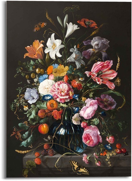 Reinders! Glasbild »Glasbild Stilleben mit Blumen Mauritshuis - Alte Meister - Berühmte Gemälde - Schmetterling«, Blumen, (1 St.)