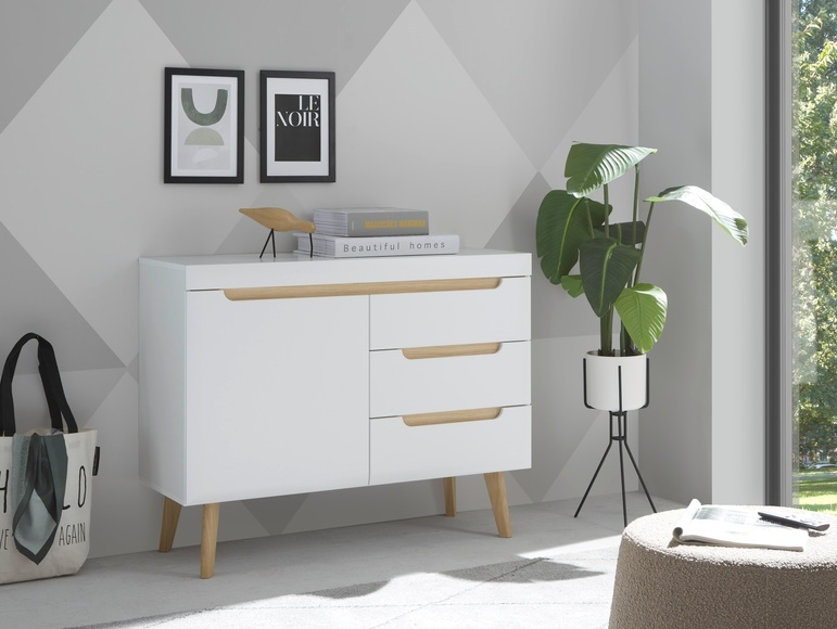 INOSIGN Sideboard »Torge, Anrichte, Kommode, Schubladenschrank«, (1 St.), abgeschrägte Füsse, drei Farben, Scandi Design, 107 cm breit
