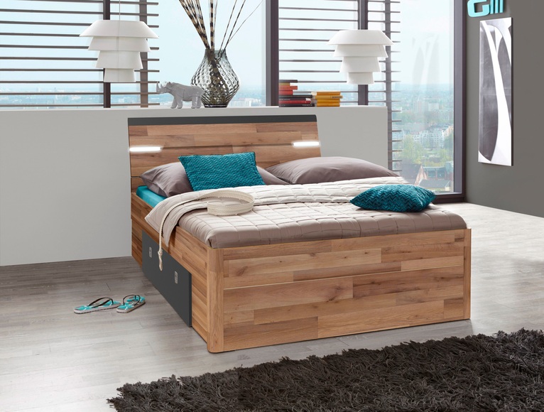 Bett «Paul», LED, 2 Schubladen, 140 x 200, Dekor eiche/schwarz