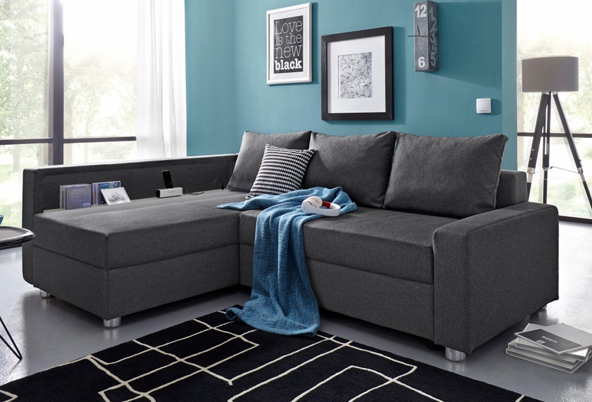 COLLECTION AB Ecksofa, inklusive Bettfunktion, Bettkasten und Federkern, wahlweise mit RGB-LED-Beleuchtung und USB-Port, Inklusive seitlichem Regalboden, Ottomane links oder rechts montierbar