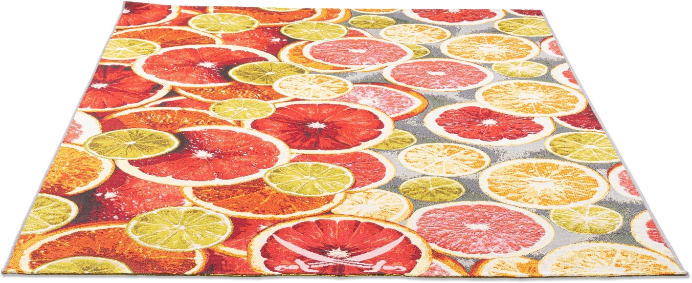 Sansibar Teppich »Rantum Beach 003«, rechteckig, 5 mm Höhe, Flachgewebe, modernes Sommer Design, Motiv Zitrusscheiben & gekreuzte Säbel, In- & Outdoor geeignet, Wohnzimmer