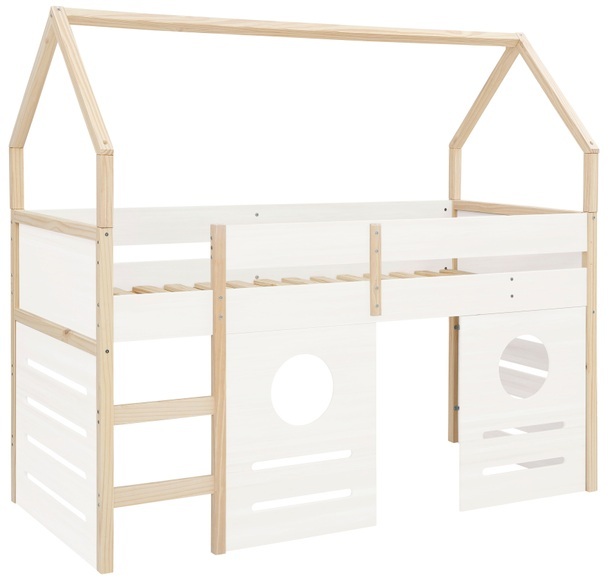 Lüttenhütt Hochbett »Janne«, aus schönem massivem Kiefernholz, Einzelbett, in einer Haus-Optik Form, inklusive praktischer massiver Holzleiter und Paneele, in verschiedenen Farbvarianten erhältlich, Liegefläche 90x200 cm