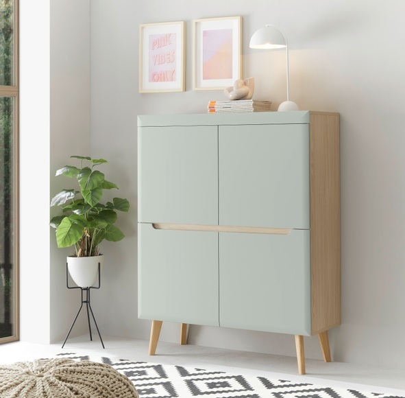 INOSIGN Highboard »Torge, Kommode, Schrank, Sideboard, Anrichte, Mehrzweckschrank«, (1 St.), abgeschrägte Füsse, drei Farben, Scandi Design, 107 cm breit