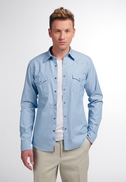 ETERNA LANGARM HEMD SLIM FIT UPCYCLING SHIRT FAKE DENIM HELLBLAU