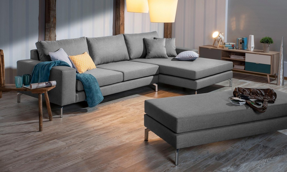 Max Winzer® Ecksofa »Flori«, (Spar-Set, Ecksofa und Hocker), mit abgewinkelten Chromfüssen, inklusive Zierkissen