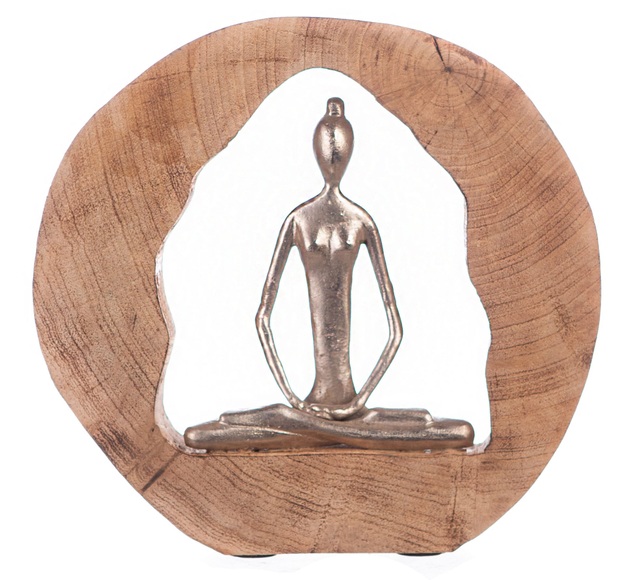 GILDE Dekofigur »Skulptur Health, silberfarben/natur«, Dekoobjekt, Höhe 27, Yoga-Lotussitz, handgefertigt, aus Metall und Holz, mit Spruchanhänger, Wohnzimmer