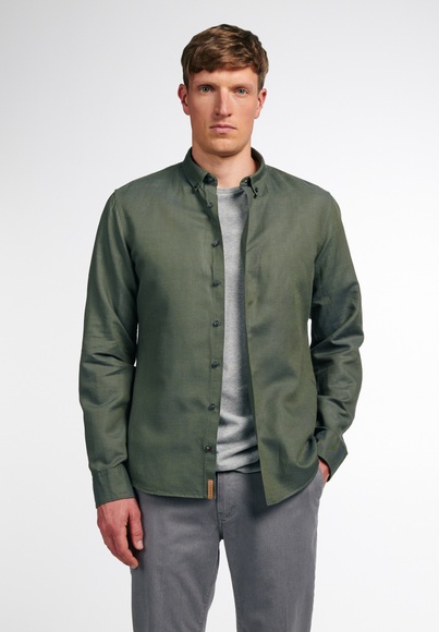 ETERNA LANGARM HEMD SLIM FIT UPCYCLING SHIRT LEINEN OLIVGRÜN UNIFARBEN