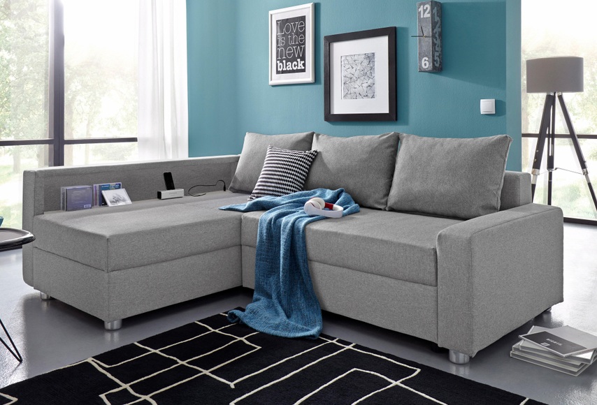 COLLECTION AB Ecksofa, inklusive Bettfunktion, Bettkasten und Federkern, wahlweise mit RGB-LED-Beleuchtung und USB-Port, Inklusive seitlichem Regalboden, Ottomane links oder rechts montierbar