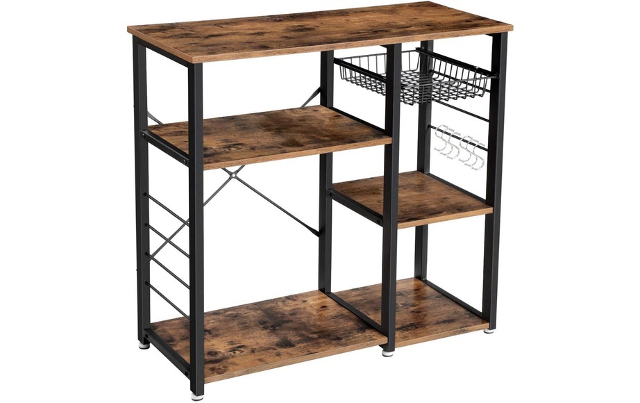 Vasagle - Baker's Rack, industrielles Küchenregal mit Metallrahmen, Drahtkorb und 6 Haken, multifunktionale Aufbewahrung für Mini-Backöfen, Gewürze und Utensilien, Holzoptik KKS90X