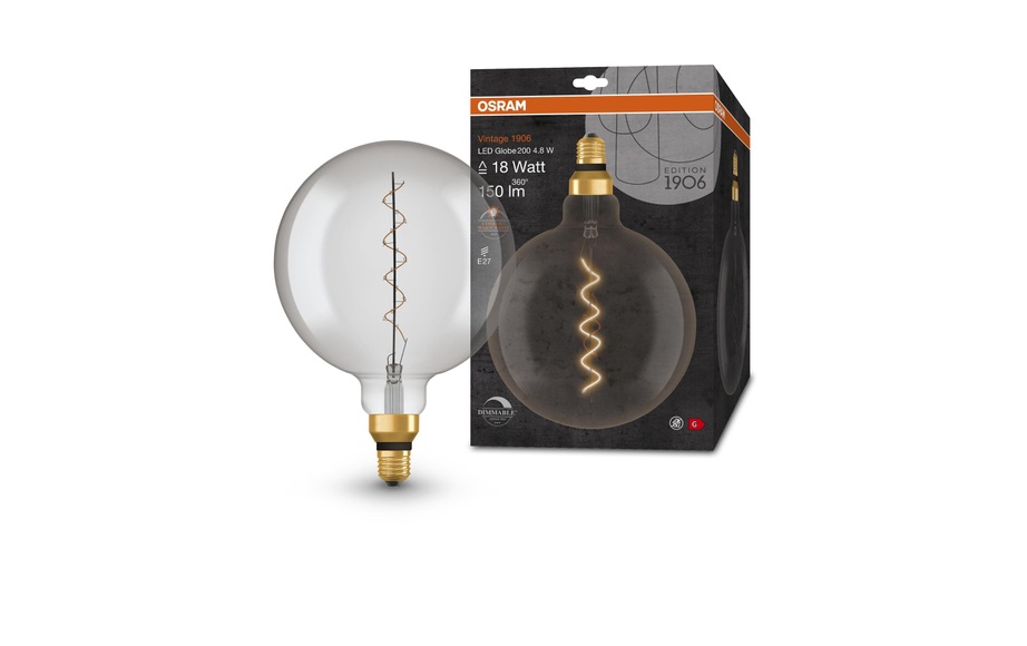 Osram Vintage 1906 LED E27 Globe Filament Smokey 200mm 4.8W 150lm - 818 Extra Warm White | Dimmable