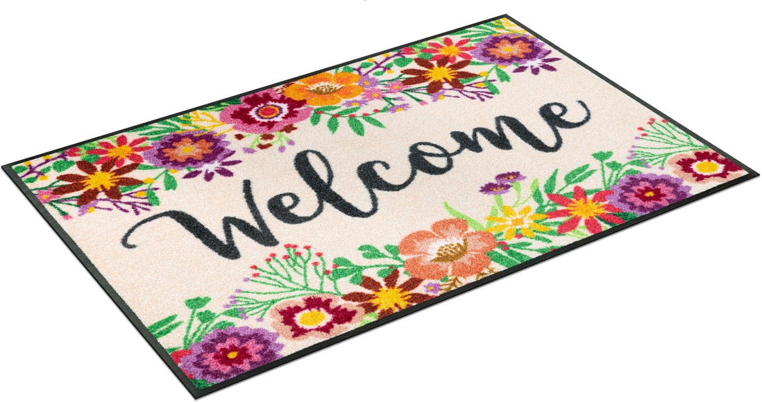 wash+dry by Kleen-Tex Teppich »Welcome Blooming«, rechteckig, 7 mm Höhe, Motiv Blumen, mit Spruch, rutschhemmend, In- und Outdoor geeignet, waschbar