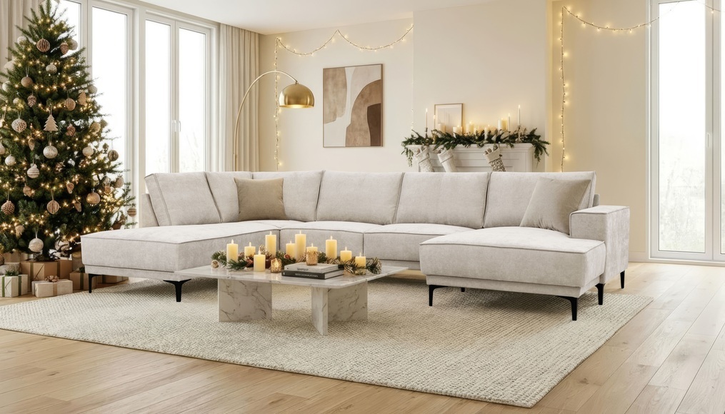 Places of Style Wohnlandschaft »XXL Sofa Oland, Struktur, Flachgewebe, Luxus-Microfaser, Boucle«, U-Form, 345 cm, Wellenunterfederung, Skandi-Design, Metallfüsse