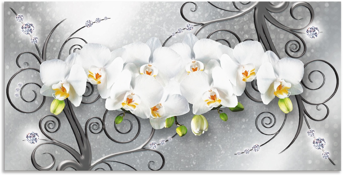 Artland Wandbild »weisse Orchideen auf Ornamenten«, Blumenbilder, (1 St.), in vielen Grössen & Produktarten - Alubild / Outdoorbild für den Aussenbereich, Leinwandbild, Poster, Wandaufkleber / Wandtattoo auch für Badezimmer geeignet