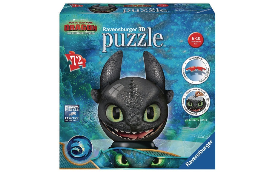 Ravensburger 3D Puzzleball Dragons 3 Ohnezahn mit Ohren, 72 Teile