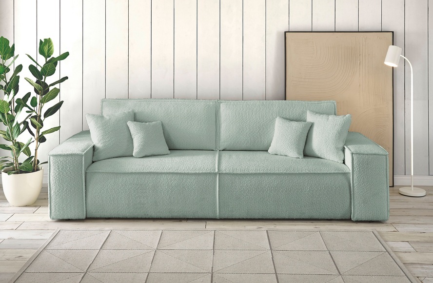 Home affaire 2-Sitzer »CHAMBORD«, Nachts: Schlafsofa (Liegefläche 200x136 cm) mit Bettkasten, tagsüber chilliges 3-Sitzer-Sofa mit 2 losen Rückenkissen und Zierkissen gratis, weicher Boucle-Stoff aus 90% recycelten Fasern!