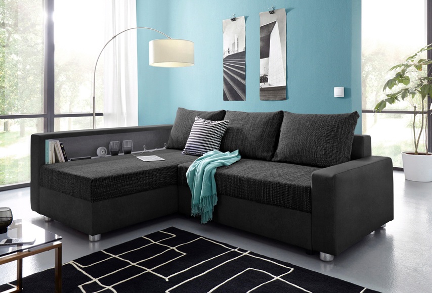 COLLECTION AB Ecksofa, inklusive Bettfunktion, Bettkasten und Federkern, wahlweise mit RGB-LED-Beleuchtung und USB-Port, Inklusive seitlichem Regalboden, Ottomane links oder rechts montierbar