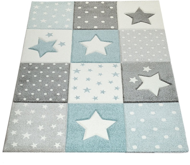 Paco Home Kinderteppich »Cosmo 345«, rechteckig, 12 mm Höhe, 3D-Design, Patchwork Muster, Motiv Punkte & Sterne, Pastell-Farben, Kinderzimmer