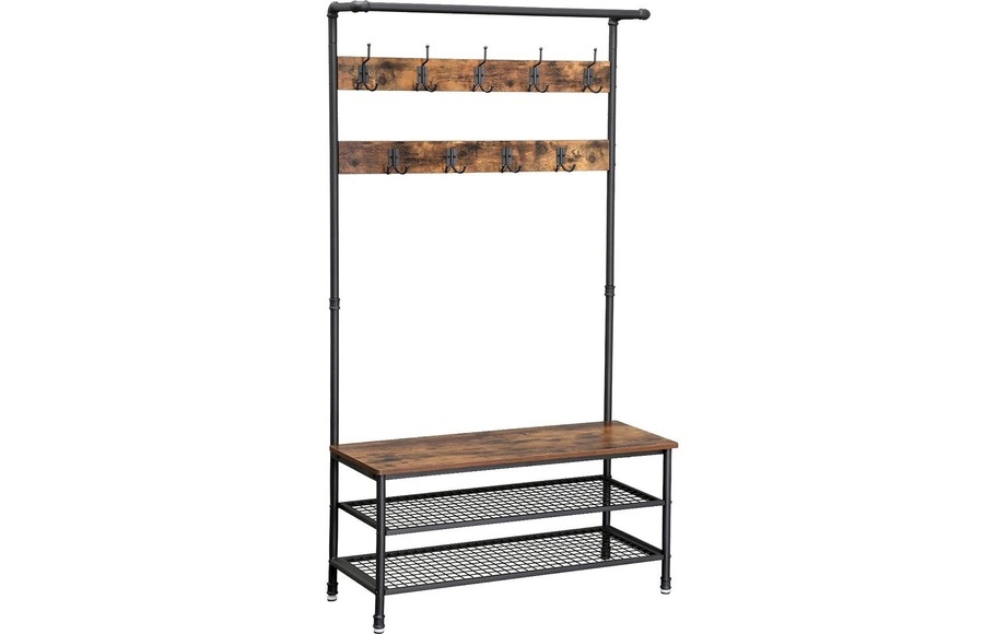 Vasagle - Garderobenständer im Industrie-Design, mit Sitzbank, großer Kleiderständer mit Wasserrohr-Elementen, mit 9 Haken und Schuhregal, multifunktionale Flurgarderobe, Robustes Metallgestell HSR47BX