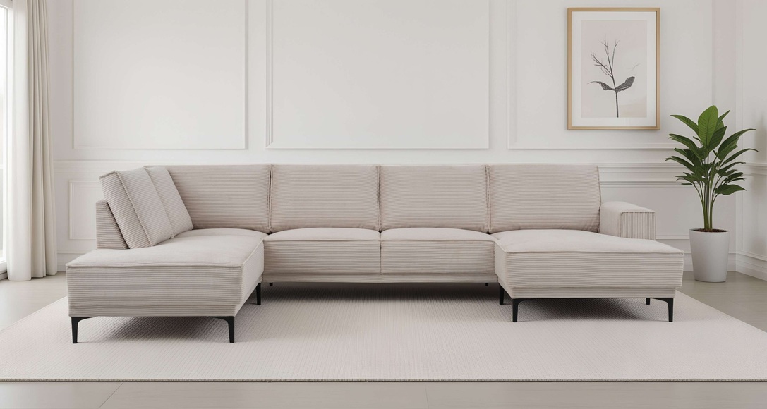 GOODproduct Wohnlandschaft »XXL Sofa Oland, Struktur, Flachgewebe, Luxus-Microfaser, Boucle« U-Form, 345 cm, Wellenunterfederung, Skandi-Design, Metallfüsse