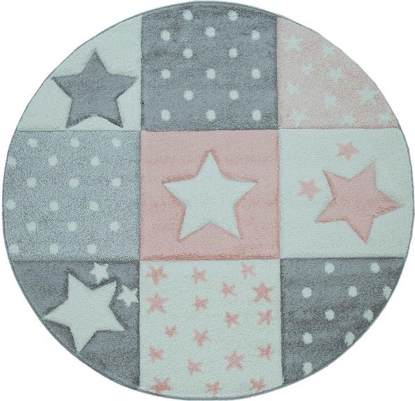 Paco Home Kinderteppich »Cosmo 345«, rund, 18 mm Höhe, 3D-Design, Patchwork Muster, Motiv Punkte & Sterne, Pastell-Farben, Kinderzimmer