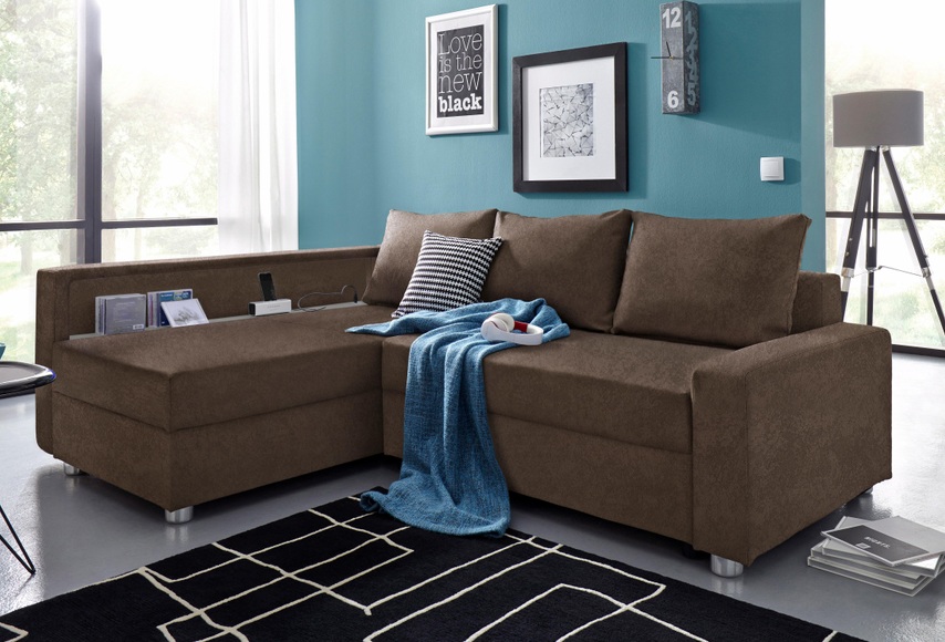 COLLECTION AB Ecksofa, inklusive Bettfunktion, Bettkasten und Federkern, wahlweise mit RGB-LED-Beleuchtung und USB-Port, Inklusive seitlichem Regalboden, Ottomane links oder rechts montierbar