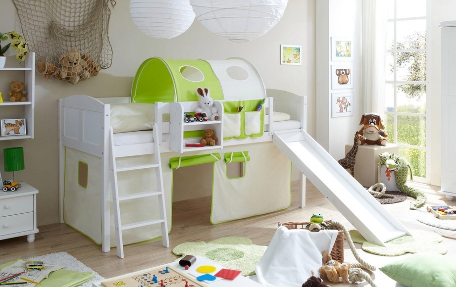 Ticaa Hochbett »Lino« mit Rutsche und Textil-Set, Kiefer massiv weiss gewachst