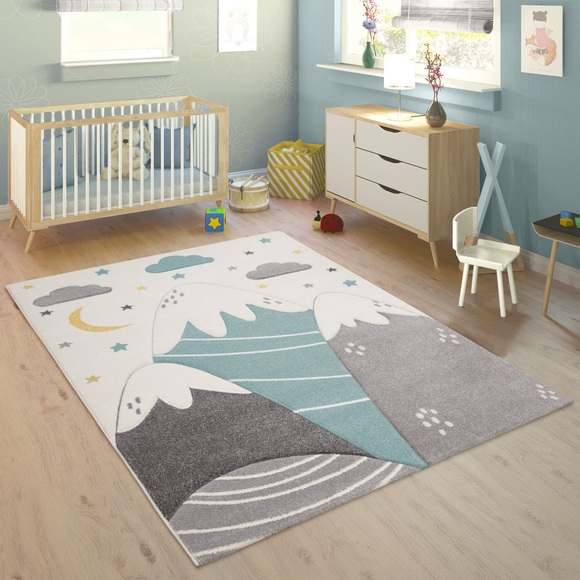Paco Home Kinderteppich »Cosmo 707«, rechteckig, 13 mm Höhe, 3D-Design, niedliches Motiv Berge & Sterne, Pastell-Farben, Kinderzimmer