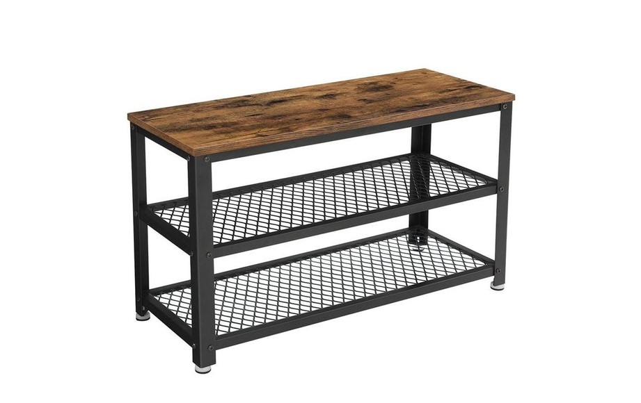 Vasagle - Schuhbank, 3-stöckiges Schuhregal, mit Metallrahmen, 73 x 30 x 45 cm, für Eingang, Wohnzimmer, Flur, Industriestil, rustikal braun und schwarz LBS73X