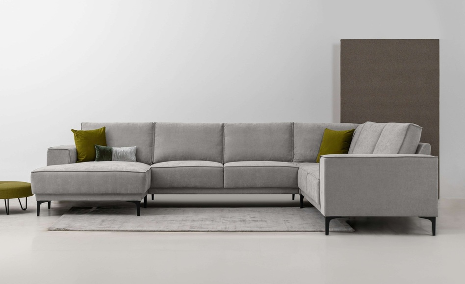 Places of Style Wohnlandschaft »XXL Sofa Oland, Struktur, Flachgewebe, Luxus-Microfaser, Boucle«, U-Form, 342 cm, Wellenunterfederung, Skandi-Design, Metallfüsse