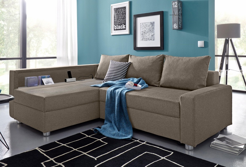 COLLECTION AB Ecksofa, inklusive Bettfunktion, Bettkasten und Federkern, wahlweise mit RGB-LED-Beleuchtung und USB-Port, Inklusive seitlichem Regalboden, Ottomane links oder rechts montierbar