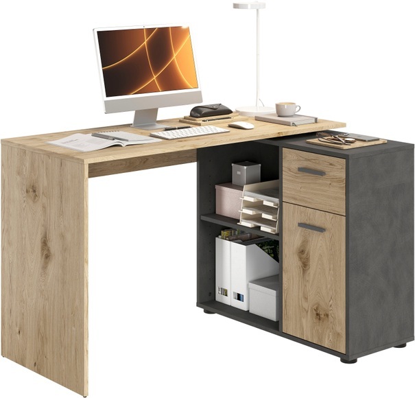 FMD Eckschreibtisch »AUGSBURG«, Schreibtisch / Sideboard mit Stauraum, drehbar, Breite 117/148 cm