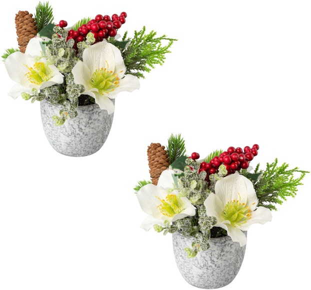 Creativ green Winterliche Kunstpflanze »Weihnachtsdeko«, (2 St.), im Zementtopf, mit Zapfen, Beeren und Zweigen